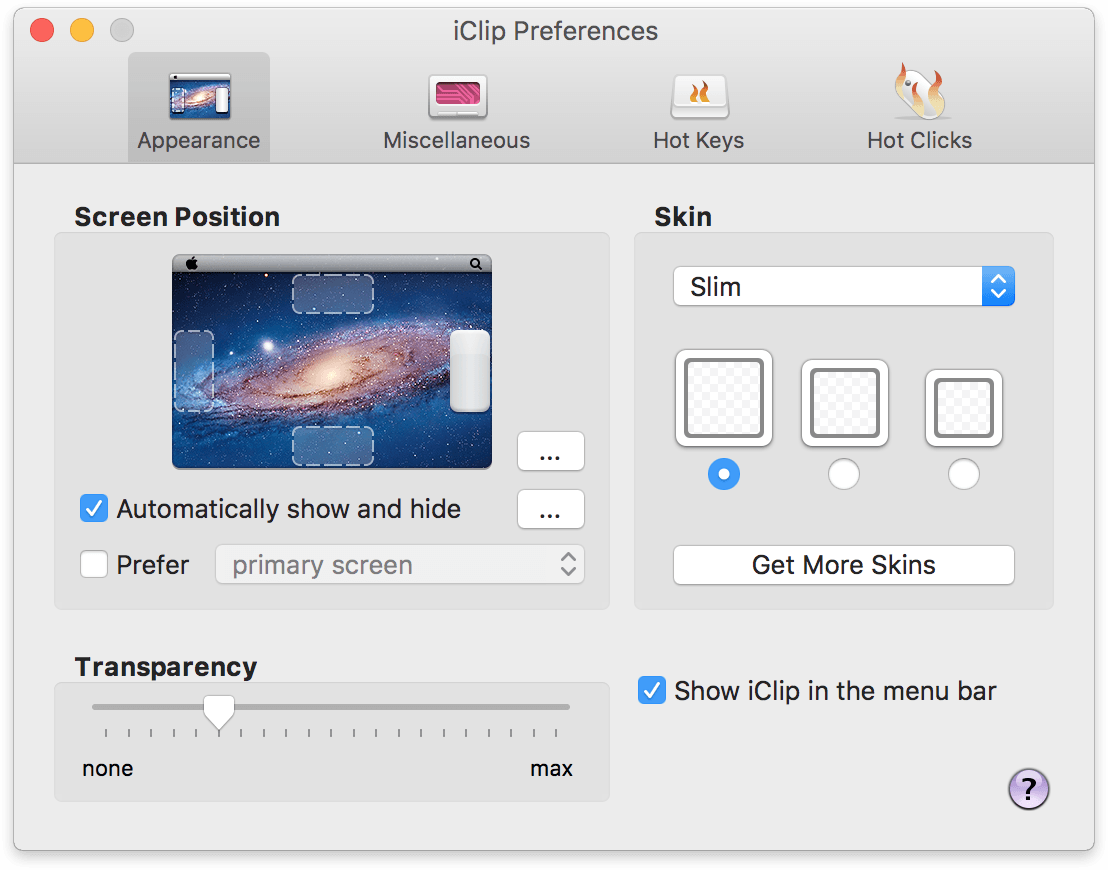 iClip Preferences Window
